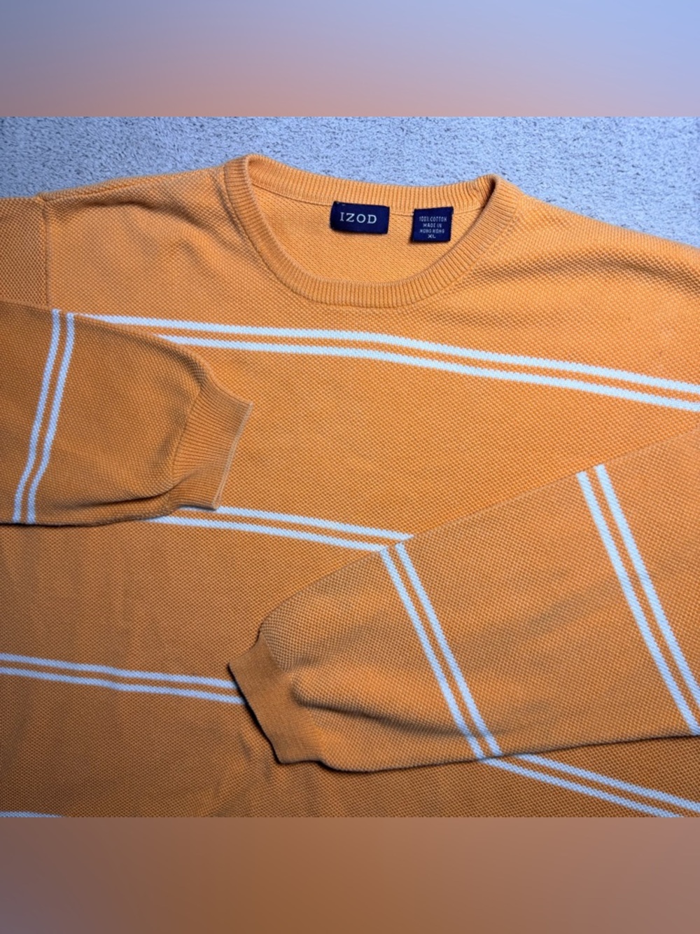 Vintage Izod Knit Sweater Men’s XL Orange Striped Crewneck Pullover Preppy